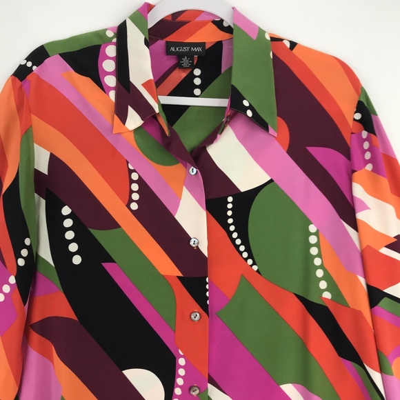 August Max 100% Silk Retro Print Button Up Blouse - Picture 2 of 8